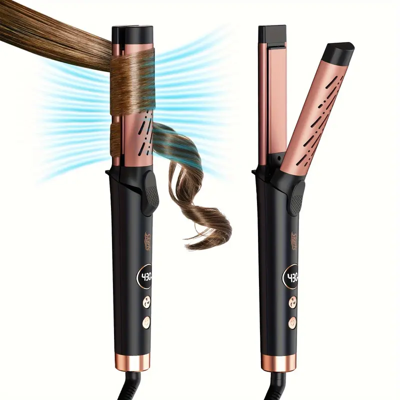Airflow Styler Curling Iron - Ceramic Flat Iron Hair Straightener and Curler 2 in 1, Professional Curing Wand with 360° Ionic Cool Air, 5 Adjustable Temps & Dual Voltage for Long Short Hair