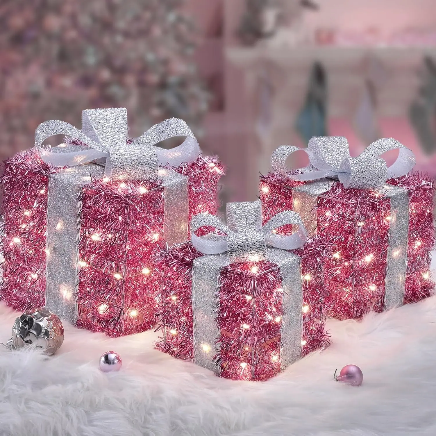 Lighted Gift Boxes, Pink Holiday Decorations Set of 3 Plug-in Light Up Present Boxes Christmas Decor Holiday Party Ornaments christmas decorations