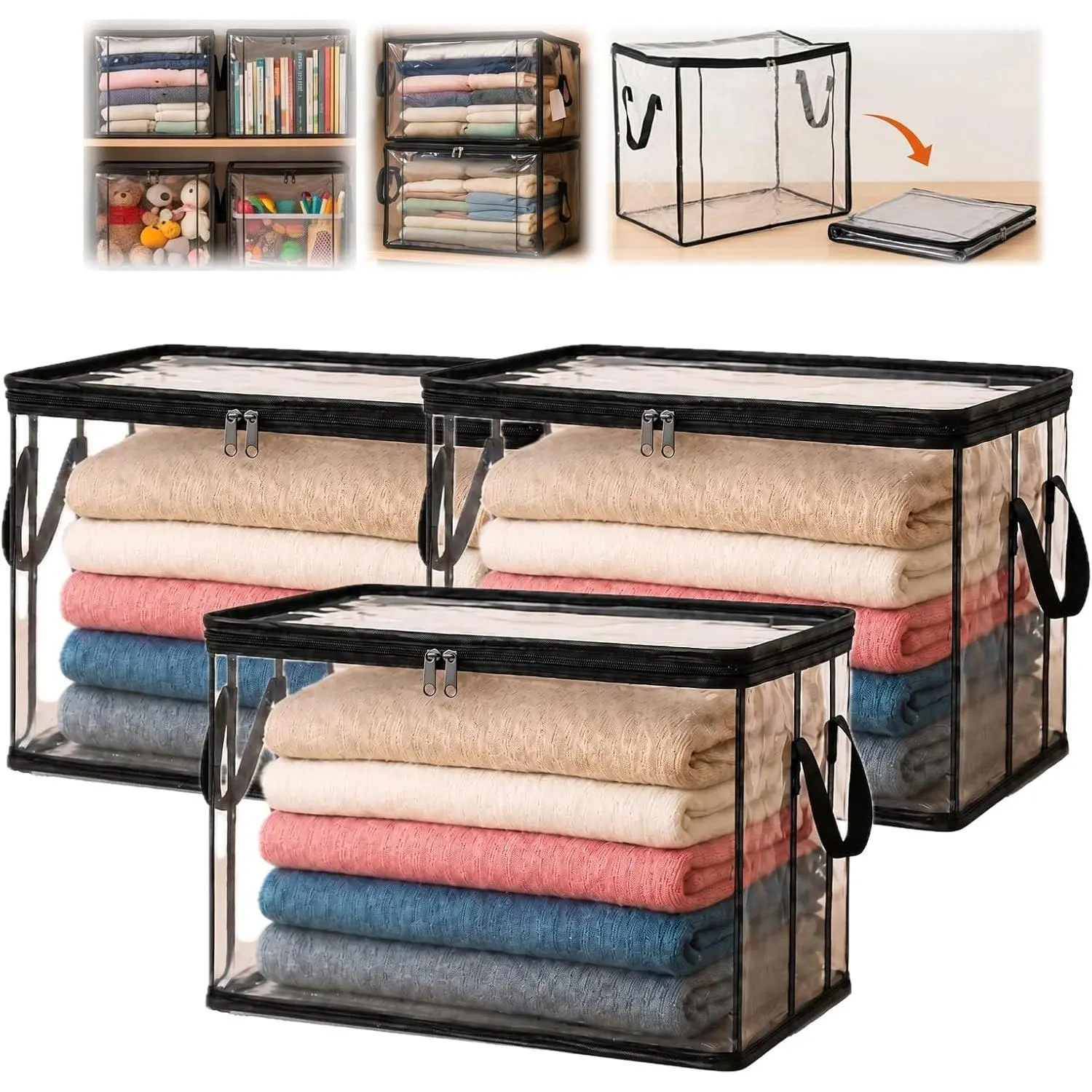 Extra Large Clear PVC Storage Bags, Heavy Duty Thick Plastic Organizer with Zipper & Handles, Foldable Storage Containers for Clothes Blankets Toys, Ideal for Moving & Closet Organization