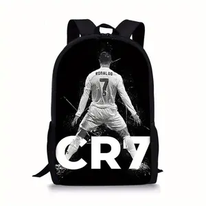 CR7 Ronaldo Graphic Backpack - Lightweight Durable PVC with Adjustable Straps & Zipper Closure, Black Dynamic Soccer Print for Teens & Adults, Sports & Casual Use