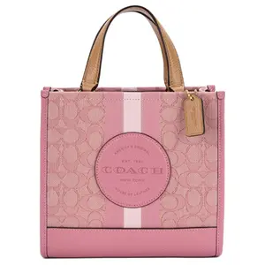 COACH Dempsey 22 Tote Bag for Women – Monogram Stripe Logo Patch, Fabric and Calf Leather, Dusty Pink and Latte