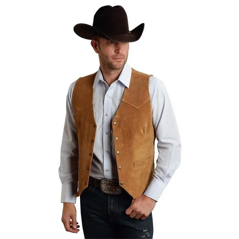 Men's Suede Leather Vest Vintage Cowboy Style Sleeveless Jacket Slim Fit Wedding Waistcoats
