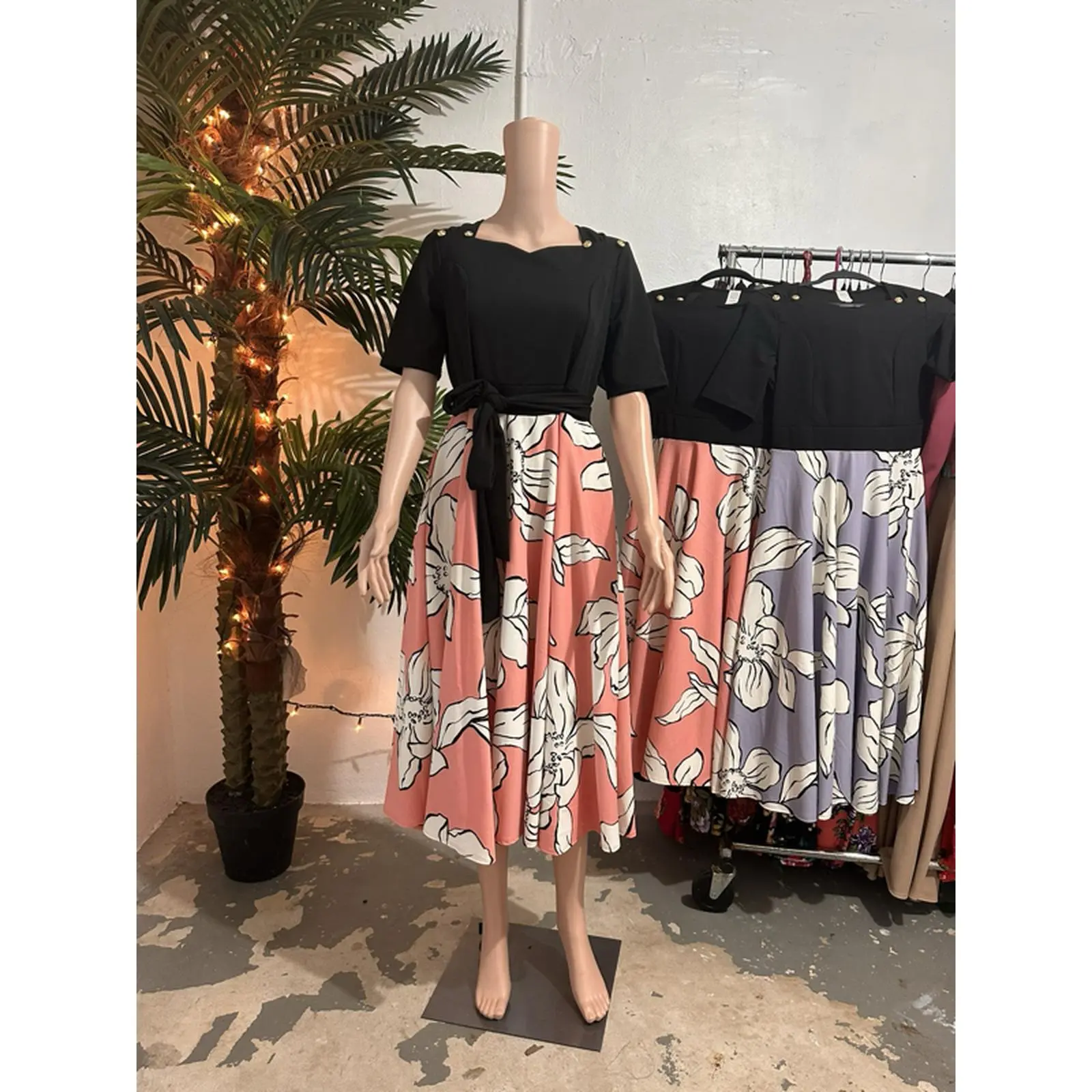 Elegant Salmon Dress with 3/4 con bolsillos con cinta LX