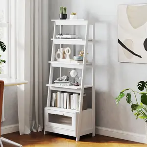 EBELLO 4-Tier Ladder Bookcase with Storage, 63" Tall Bookcase with Cabinet Doors, Modern Bookshelf with Solid Wood Frame for Living Room