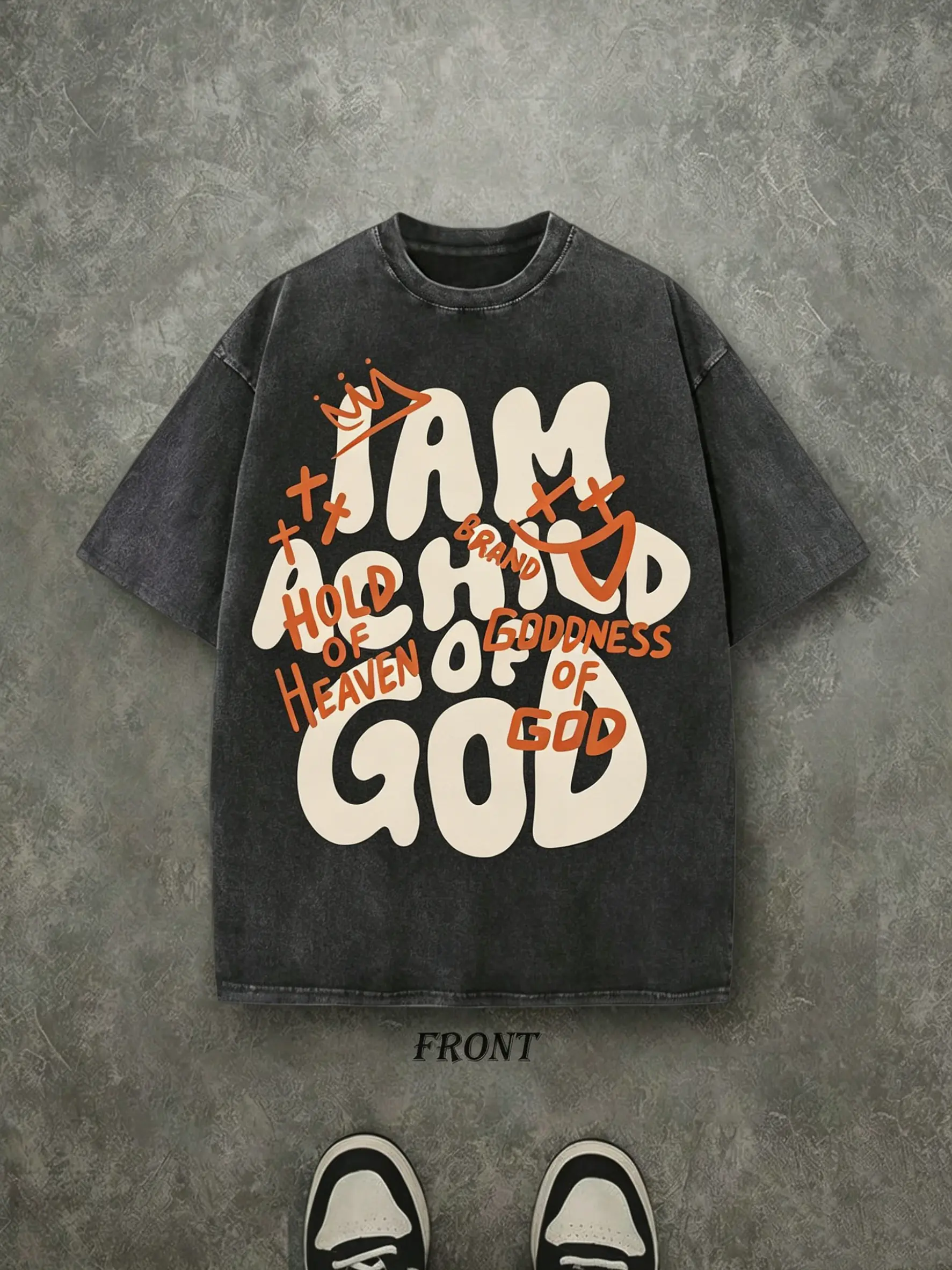 Vintage I Am A Child Of God Bubble Letter Christian T-Shirt, Washed Black Cotton Oversized Short Sleeve Crown Cross Faith Crewneck Tee
