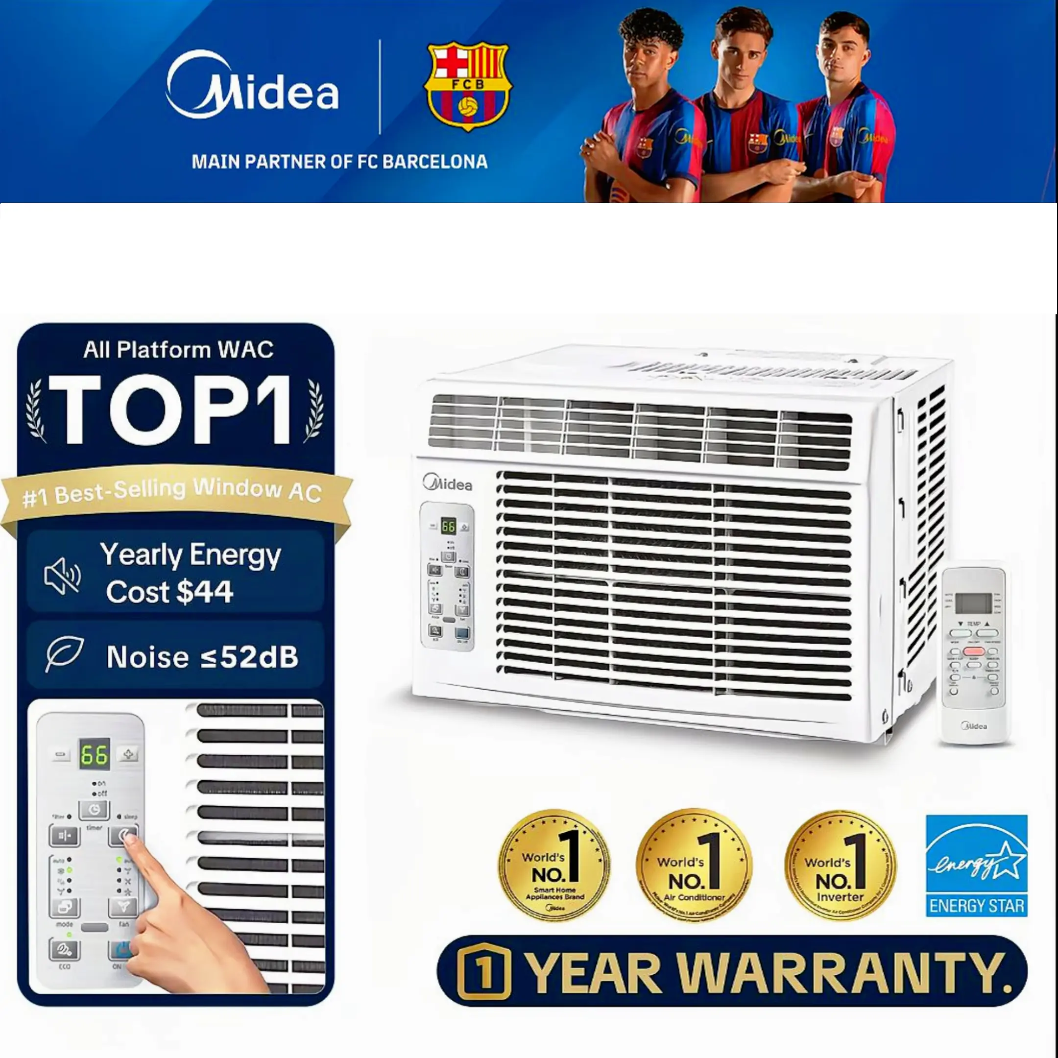 Midea Like New 6000 BTU Window Air Conditioner Unit - 3-in-1 modes (Cool, Dehumidifier, Fan), Comfort Sense Remote, for 250 Sq. Ft. Rooms, Quiet, Energy Saving, Washable Filter, 24H Timer, Easy Install, White