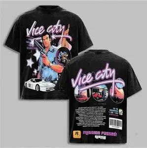 Grand Theft Auto - Vice City Double Printed Oversize Lightweight Acid Washed Shirt, Video Game Graphic Design Unisex Top Cotton Streetwear T-Shirt Clothes Menswear