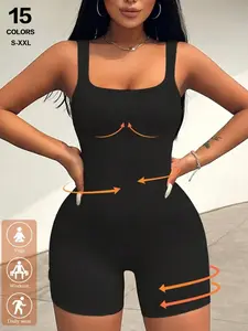 Women Tummy Control Seamless Ribbed Square Neck Rompers| One Piece Sleeveless Yoga Workout Stretchable Activewear jumpsuits