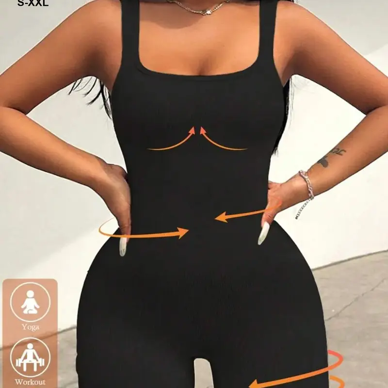Women Tummy Control Seamless Ribbed Square Neck Rompers| One Piece Sleeveless Yoga Workout Stretchable Activewear Sportswear Jumpsuits Stretchy Jumpsuit Workout Fitness Jumpsuit