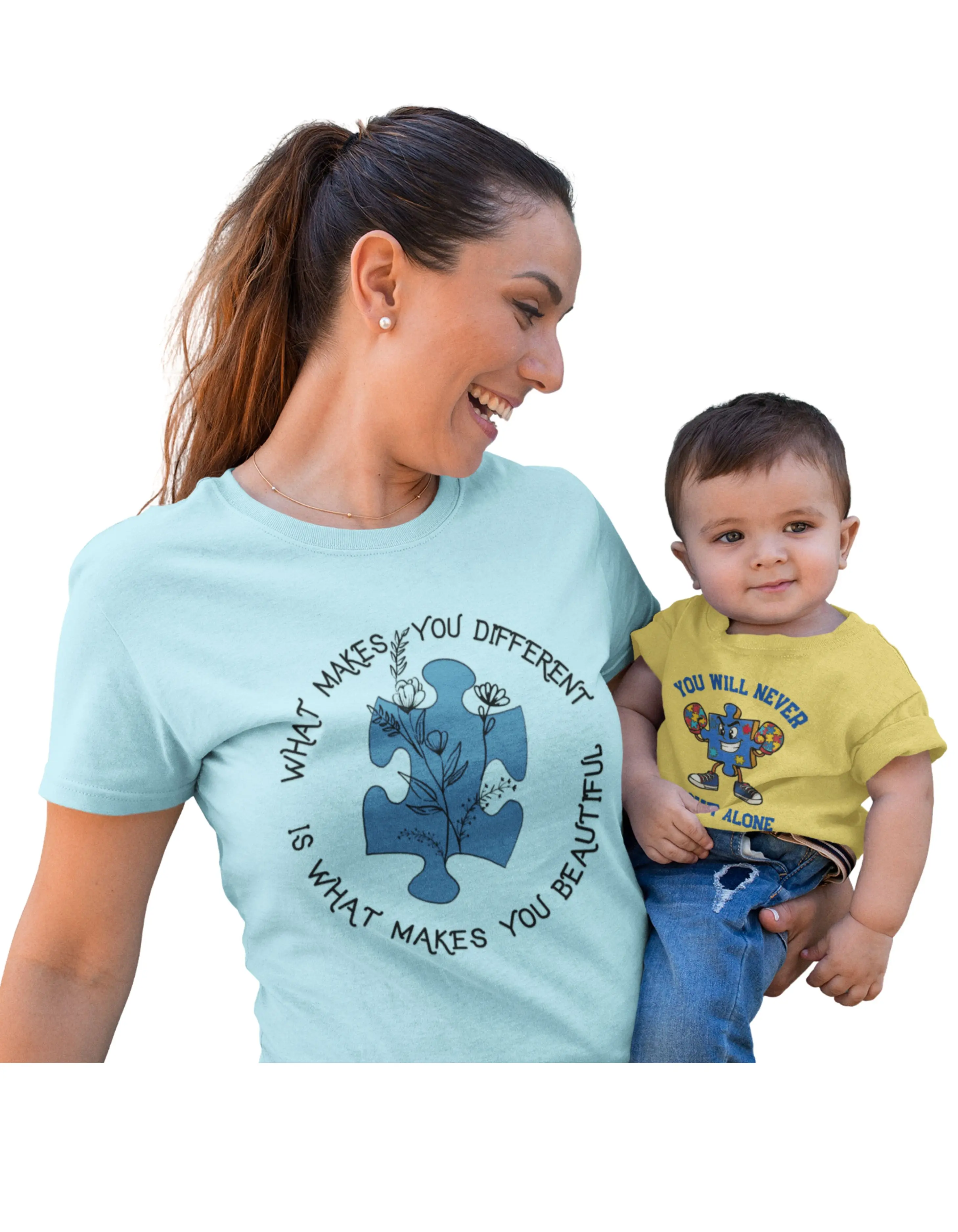 Women's Soft Short-Sleeve Round Neck Knit Cotton Casual T-Shirt Top - Comfortable Drape Fabric, Autism Awareness Neurodivergent "What Makes You Different Is What Makes You Beautiful" Tee for Lady, Pair with Jeans, 1-Piece Everyday Wear