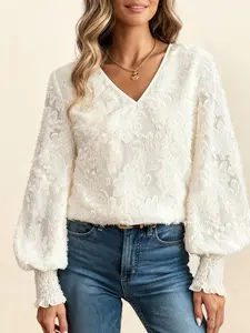 A versatile women's casual fashion 3D faux fur lace print lantern sleeve shirt, exuding gentle charm, suitable for both layering and standalone wear, perfect for dates, parties, and ideal for spring and summer