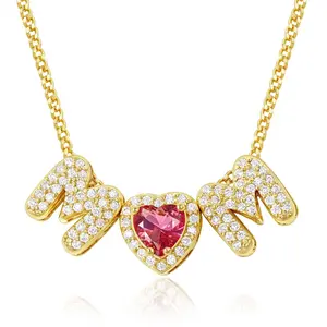 MOM Letter Heart Zircon Necklace, February Amethyst Birthstone, Gold Plated Adjustable Chain Jewelry Gift for Mom