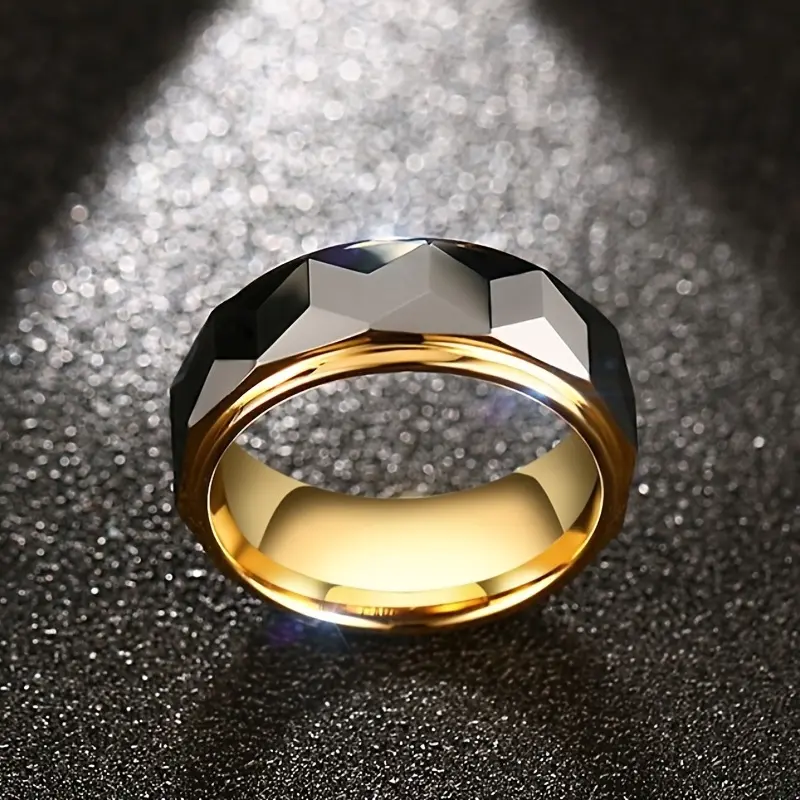 8mm 2-Tone Tungsten Ring, Hammered Unisex Wedding Band, Glamorous Gold-Plated Engagement Jewelry, Tungsten Rings, Fashion, Female, Golden Accent, Hammered Edge, Two-Tone