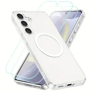 3 PCS [1 Phone Case and 2 Screen Prtoector] Transparent Magnetic Frame Smartphone Phone Case Compatible with Samsung A16/A36/A56/A55/A35/A15/A54 S26 S24 S23 FE S25 edge Protective Cover, with 2 Screen Protectors Accessories