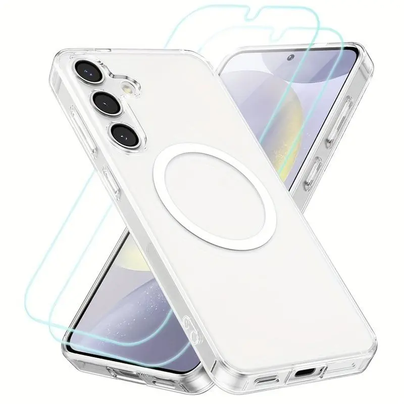3 PCS [1 Phone Case and 2 Screen Protector] Transparent Magnetic Frame TPU Shell For Samsung A16/A36/A56/A55/A35/A15/A54 S26 S24 S23 FE Protective Cover, Protective Casing, Shockproof Lightweight Cover