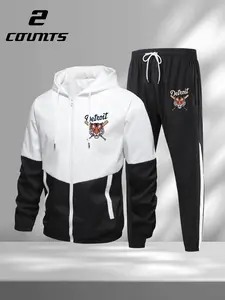 Detroit Tigers Baseball Graphic Print Hooded Jacket & Drawstring Pants, Retro Sporty Athletic Sports Clothing Streetwear Outfit for Urban Trendsetters & Sports Fans, Comfortable Fit & Team-Inspired Design, Ideal for Daily Wear & Trend-Driven Looks Cel