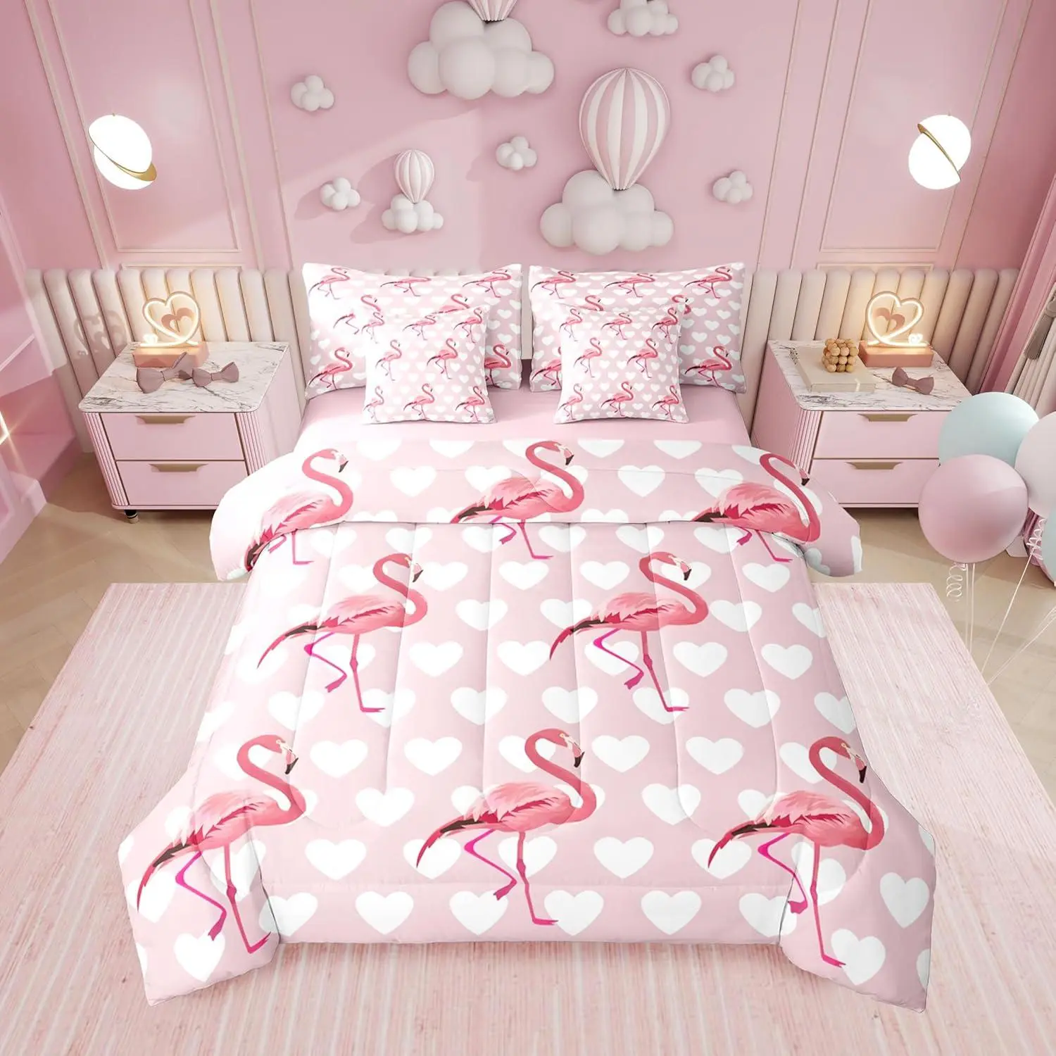 Feelyou 7-Piece Flamingo Love Hearts Pink Bedding Set for Girls, Kawaii White Cute Animal Comforter with Sheets, Tropical Wildlife Romantic Bedding Collection, Seven Pieces