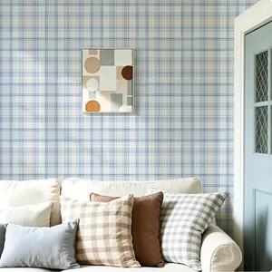 Light Blue Plaid Self-Adhesive Wallpaper, Classic Country Style Removable Wall Paper, Waterproof Self-Stick Wall Decal for Bedroom and Living Room