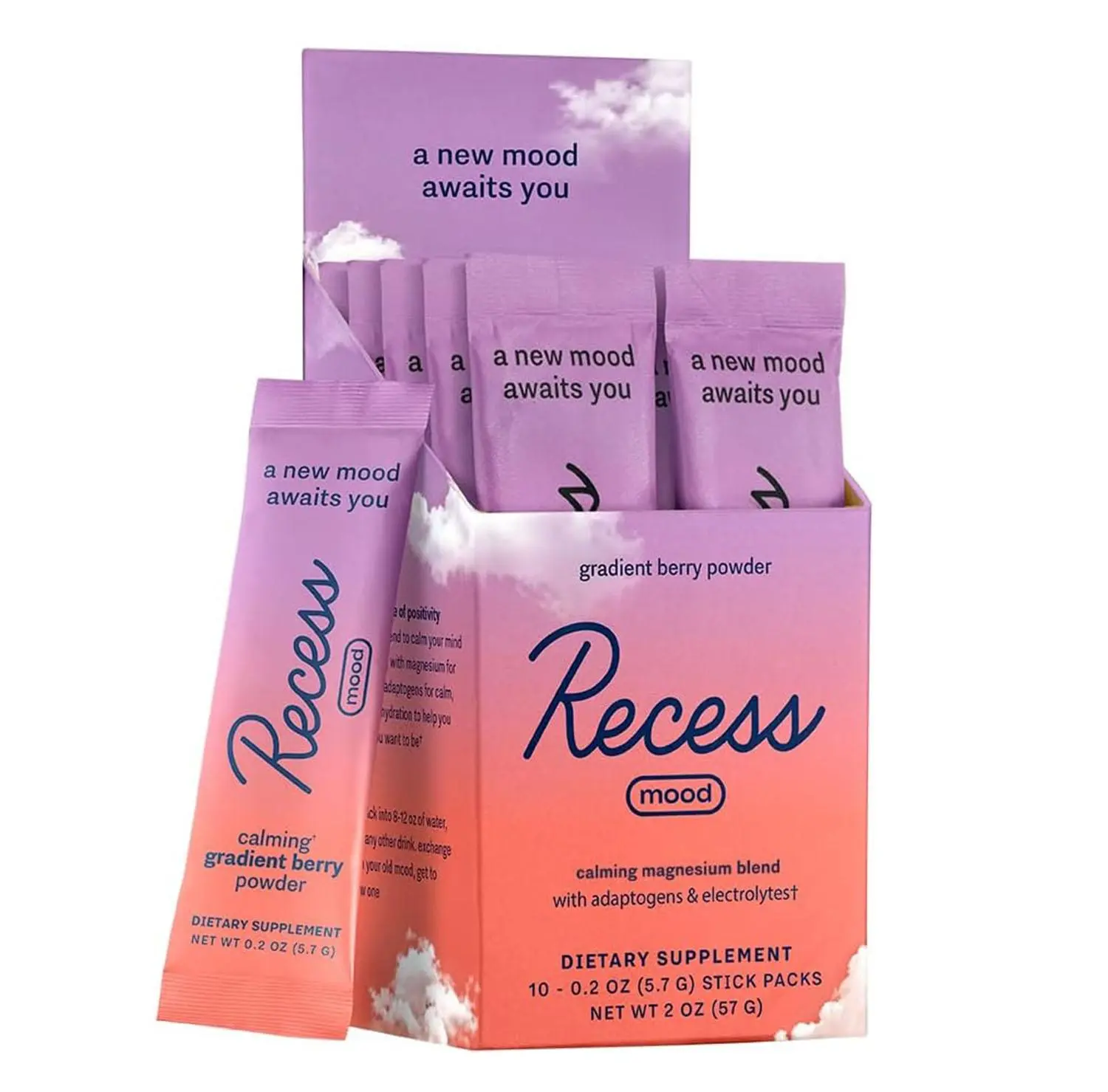 Recess Mood Powder, Calming Magnesium L-Threonate Blend with Passion Flower, L-Theanine, Electrolytes, Magnesium Calm Support Supplement - Gradient Berry Pack of 10