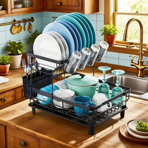 2-Tier Metal Dish Drying Rack with Drainboard - 2-Layer Design, Adjustable Spout, Utensil Holder, Knife Slots, Rustproof, Durable, Easy to Install, Classy Kitchen Counter Sink Organizer That Drains, Dries, and Organizes, Thanksgiving Gift