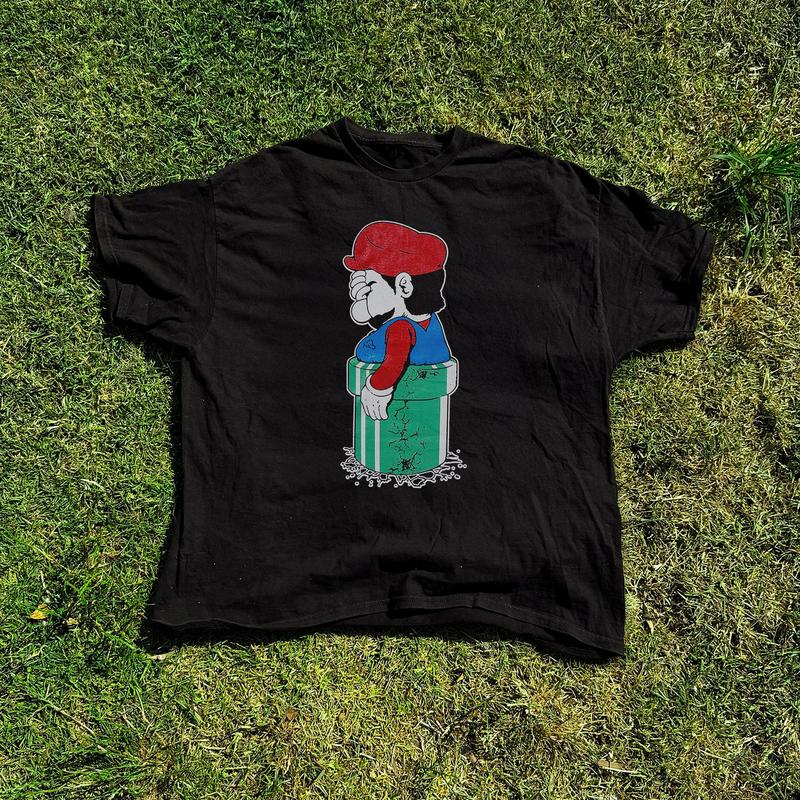 Mario Stuck Parody Washed Black Tee