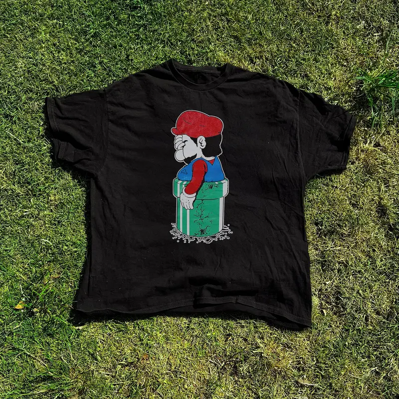 Mario Stuck Parody Washed Black Tee