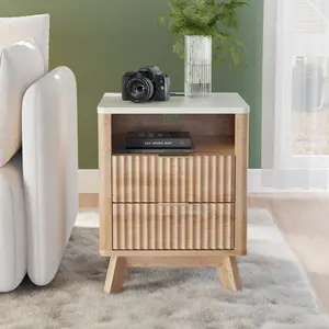 OKD Modern Nightstand with Built-in Charging Station, Storage Drawer & Open Wood Shelf – Compact Bedside Table for Bedroom, Living Room, Small Spaces