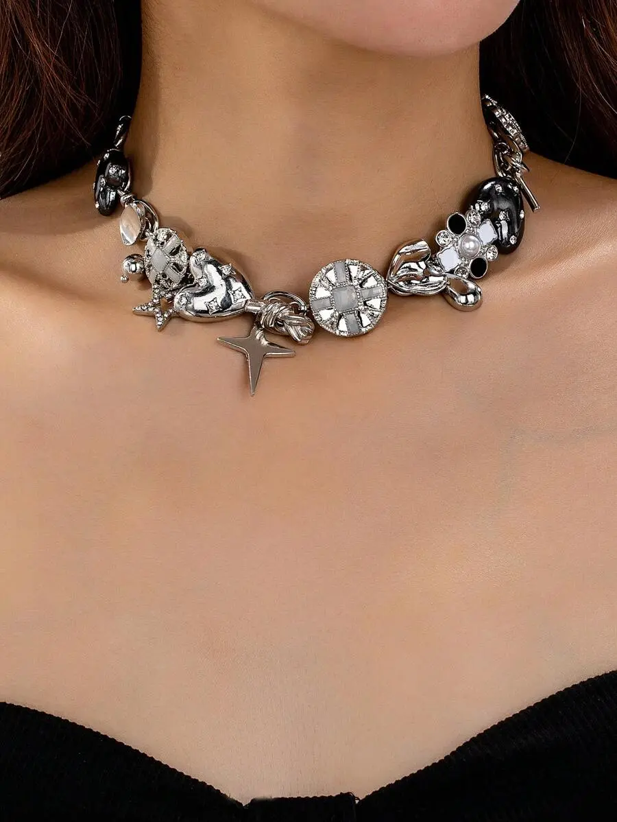 LUNA LAYER Women Vintage Hip Hop Punk Layered Chain Necklace Heart Flower Star Pendant