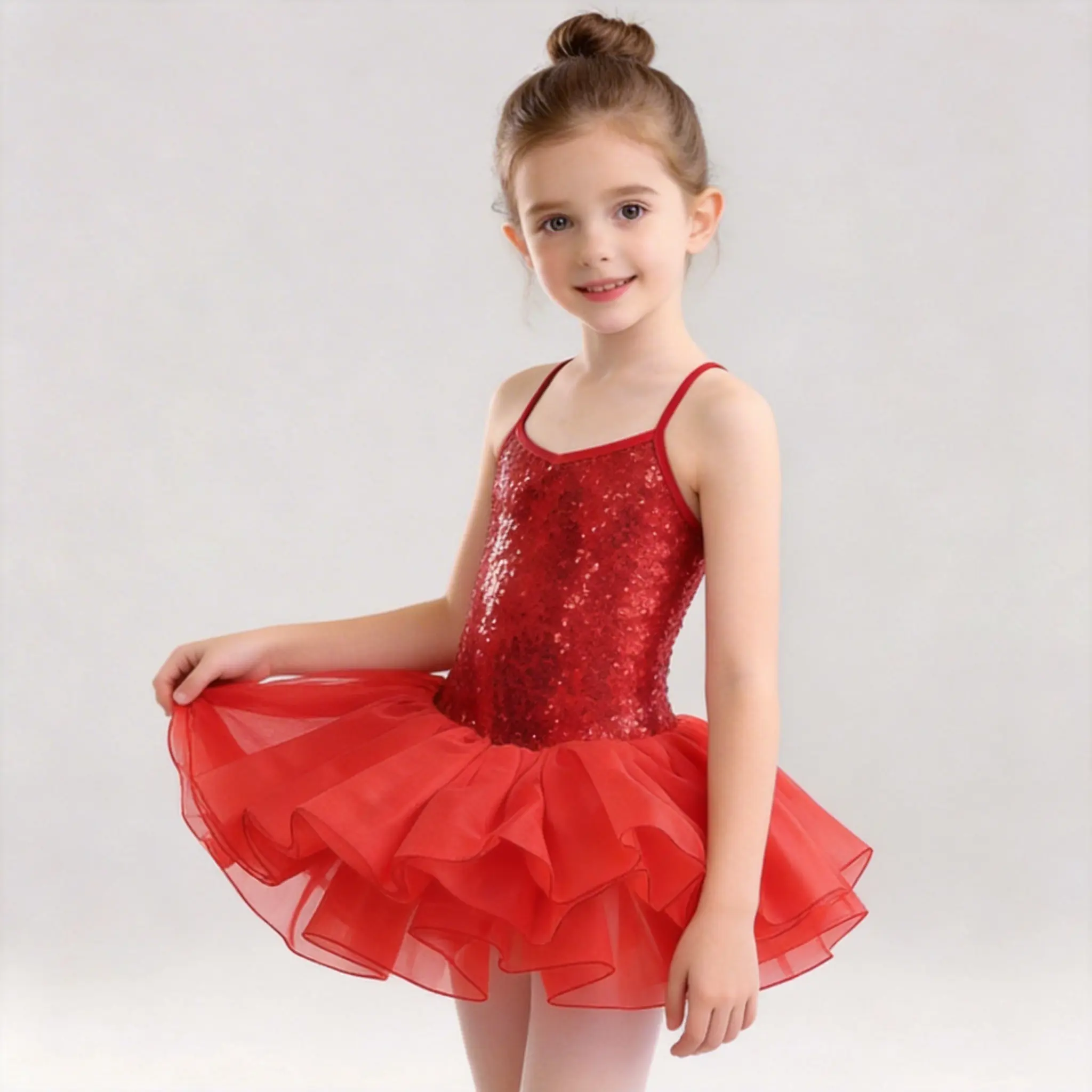 Girls’ Ballet Leotard Practice Dress - Strappy, Sequin, Double Mesh Layer, Convertible 1-Piece Gymnastics Performance Outfit
