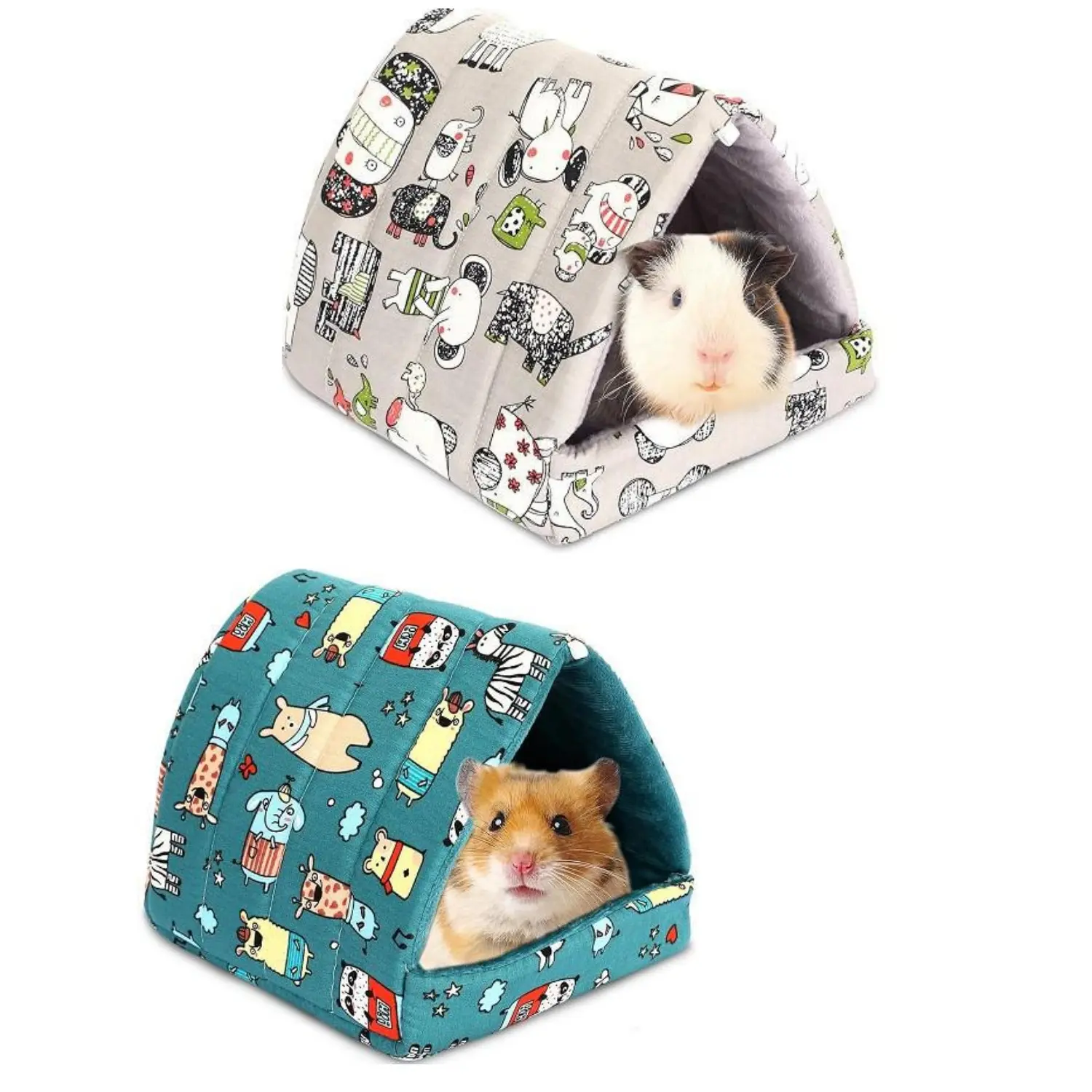 2Pcs Fleece Small Animal Hideout Bed (7.87x7.87in) - Bright Prints, Machine Washable, Non-Slip Bottom, Claw-Protecting, Hamster Cage Accessories, Rabbits Habitat Decoration (Home Improvement)