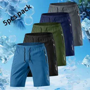 Men's Quick-Dry Breathable Running Shorts Set of 5 - Lightweight Ice Silk Fabric, Casual Summer Beach Outdoor Sports Gear with Zipper Pockets, Summer Activewear | Loose Fit Shorts | Breathable Fabric, Sporty Design
