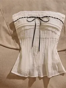 Women's Spring Summer Strapless Top with Lace Trim, Ribbon Bow Fashion Blouse, Cute Plain Crop Top, Casual Wear