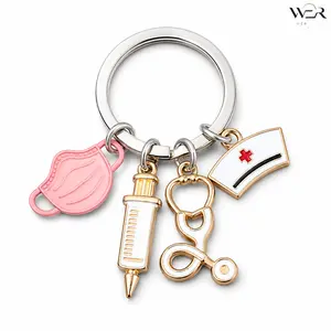 Nurse Keychain Vintage Style Mask Syringe Stethoscope Cap Heart Charm Silver Gold Tone Bag Accessory for Women Girls Daily Wear Gift