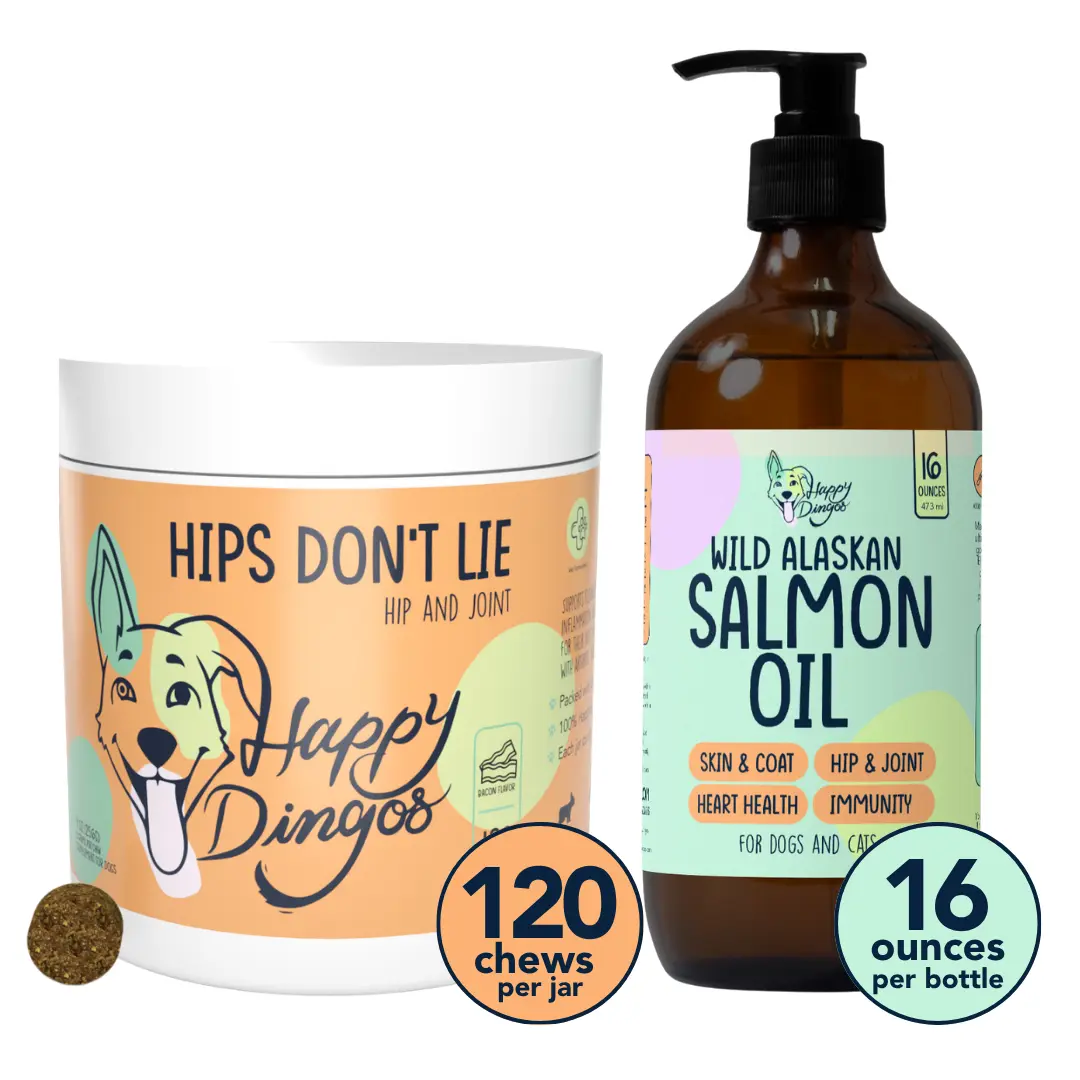 Happy Dingos Hips Don't Quit Bundle – Hip & Joint Chews + Salmon Oil for Dog Mobility & Joint Support