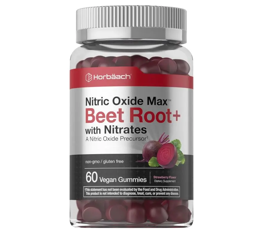 Horbäach Nitric Oxide Beet Root Gummies | 60 Chews | with Nitrates, Vitamin C & Black Pepper | for Men & Women | Strawberry Flavor | Vegan, Non-GMO, Gluten Free Supplement