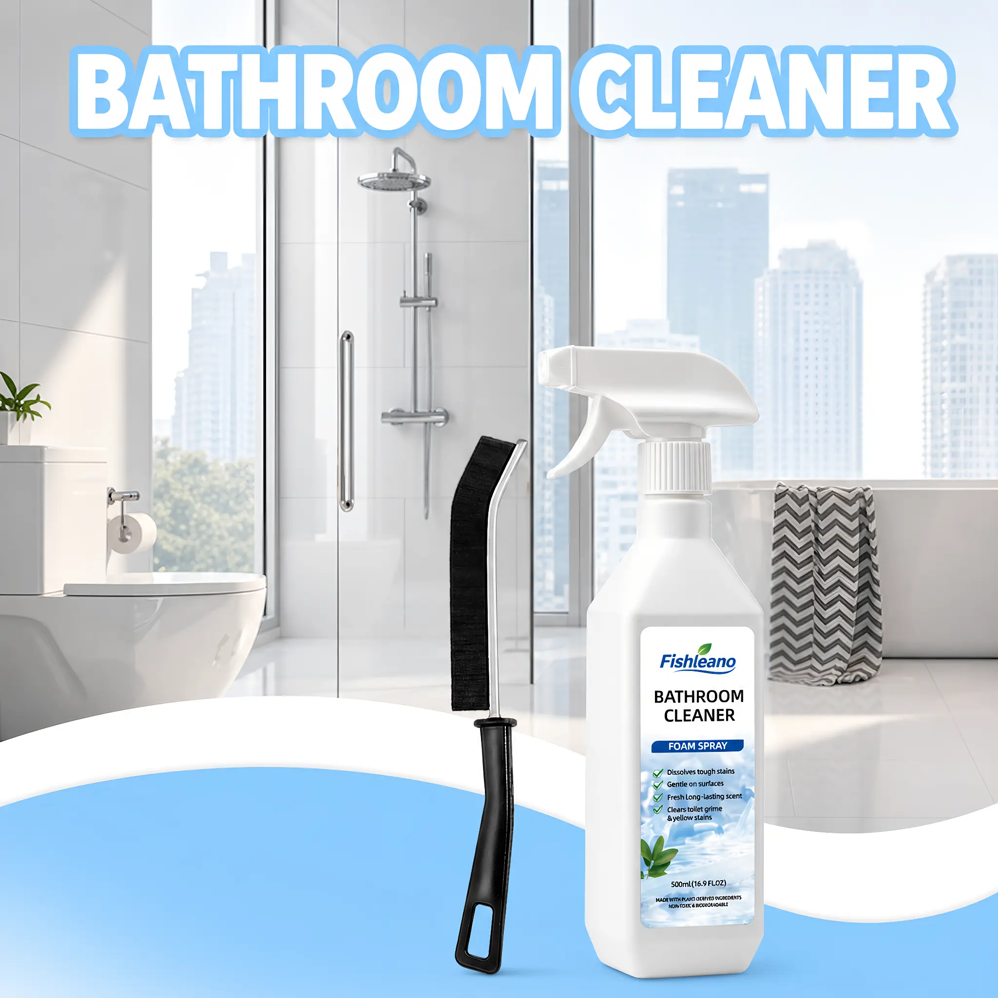 No-Scrub Bathroom Foam Cleaner with Gap Brush, Fast-Acting Limescale & Stain Remover, Effortless Deep Cleaning Spray for Glass, Tile, Faucet & Toilet