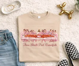 Youth & Adult Thou Shalt Peel Crawfish Shirt, Funny Southern Crawfish Boil Tee, Last Supper Parody Shirt, Cajun Food Lover Gift, Louisiana Seafood Party Tee, Cute Jesus Dinner Graphic T-Shirt