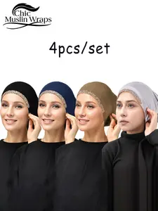 Women's Rhinestone Embellished Hijab Cap Set, Turban Hijab, Breathable Comfort Jersey Material, Fashionable Headwear for Daily Wear & Prayers