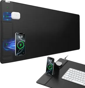 Wireless Charging Mouse Pad with Foldable Phone Holder, 31.5"x15.8" Large Desk Mat for Laptop/Keyboard, Waterproof Ultra-Smooth Surface, Non-Slip Base,