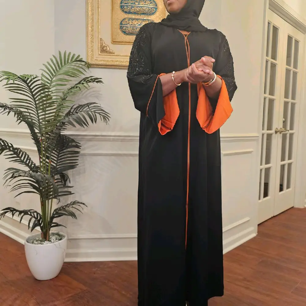 Black and Orange Hand Beaded Abaya with Long Sleeves and Orange Trim