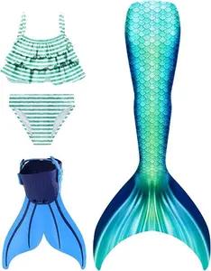 Girls 4‑Piece Teal Blue Gradient Mermaid Tail Swimsuit Set with Monofin, Striped Ruffled Bikini Bathing Suit for Kids Pool Beach Summer Swimming