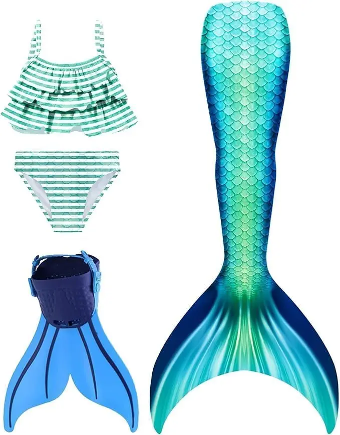 Girls 4‑Piece Teal Blue Gradient Mermaid Tail Swimsuit Set with Monofin, Striped Ruffled Bikini Bathing Suit for Kids Pool Beach Summer Swimming