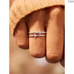 Rhinestone Cross Double Layered Ring, Trendy Stackable Statement Ring, Fashion Sparkly Jewelry Accessories for Women Girls Daily Party Matching Outfit summerwins, Elegant Rhinestone Ring, Stackable Rings Set,summerwins