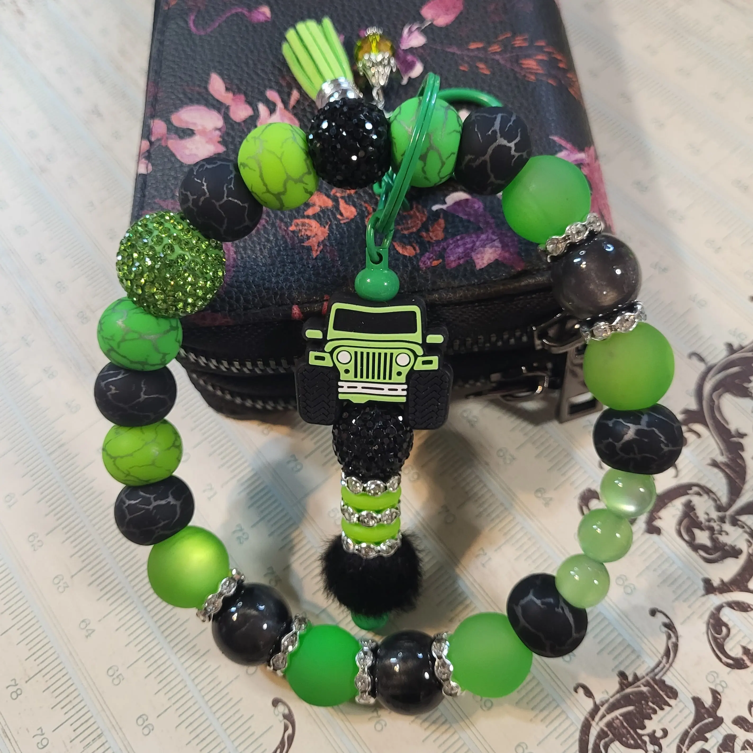 Handmade Beaded Wristlet Keychain for Women, Unique Keychain Jewelry with Pom & Themed Charm, Stainless Steel Wire, Handmade Keychain