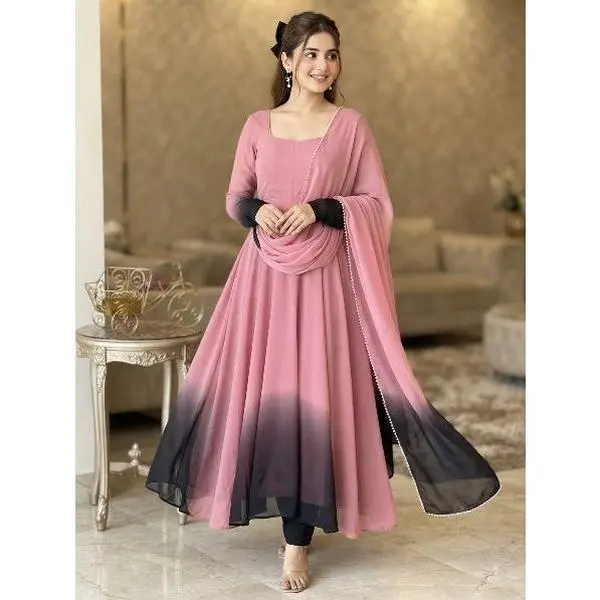 Women's Ombre Georgette Anarkali Suit with Dupatta and Pant Set
