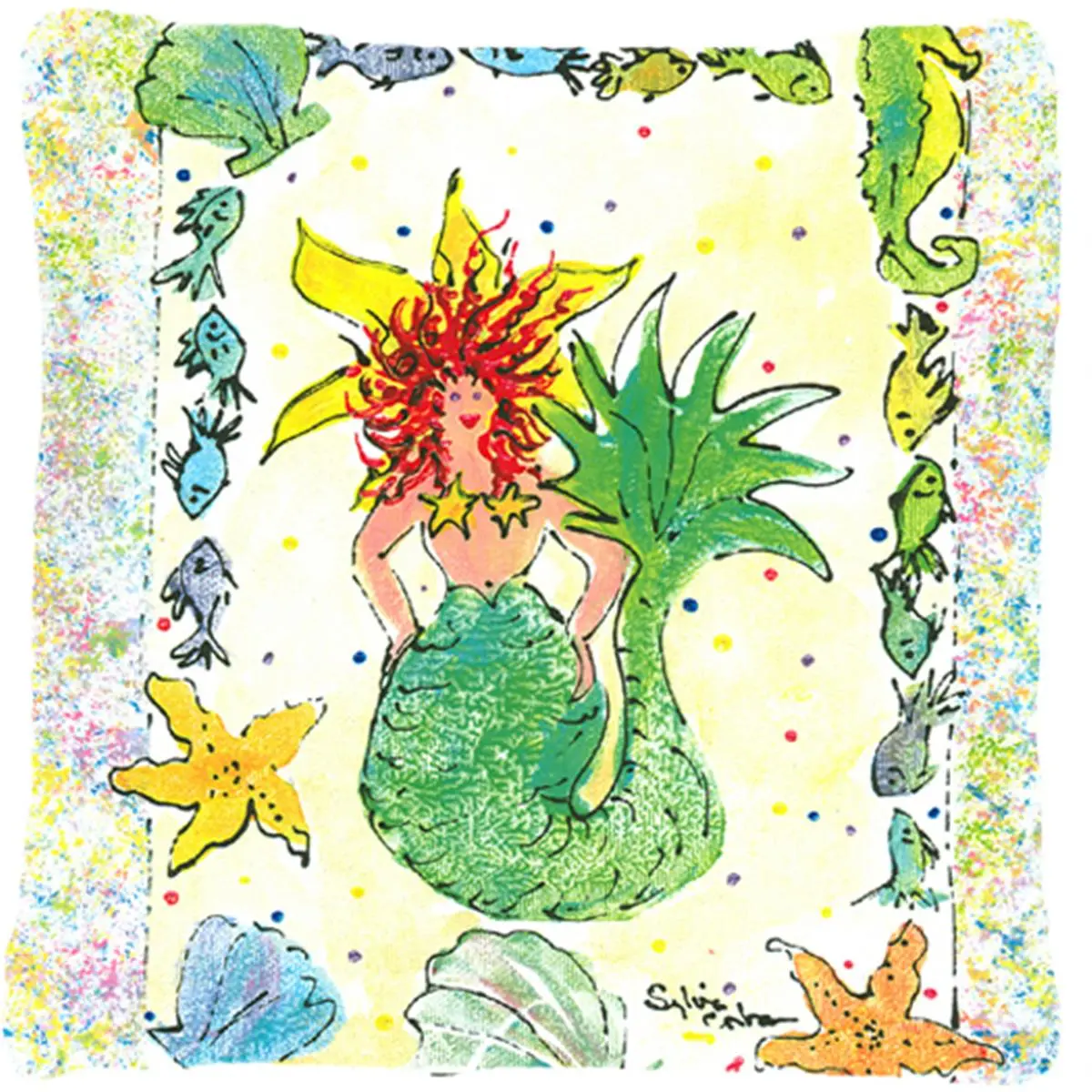 14x14 in. Polyester Mermaid Print Decorative Fabric Pillow for Home Décor - Fade-Resistant, Stain-Resistant, Machine Washable, Indoor/Outdoor Use