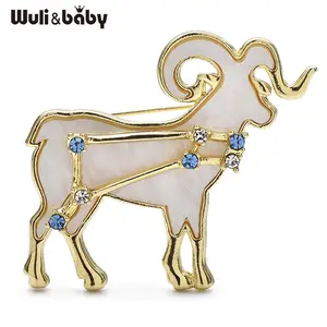 Wuli&baby Aries Zodiac Aquarius Elegant Shell Goat Brooch Sparkling Rhinestone Stars Brooches Pins Designer Jewelry Gift