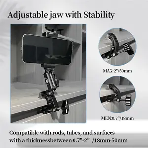 Fifield 1/4 Screw Arri Pins Compatible Super Clamp for Flat/Round Surface for Rods & Tubes Load Capacity 4.4lb/2kg for Screens Aluminum Metal Rubber Steel Alloy Camera Smartphone Accessory Phone Mount Stand Neck Phone Holder Selfie Cellphone