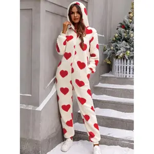 Women's Christmas Jumpsuit Plush Pajamas Fashion Heart Print Long Sleeve Fall Winter Hooded Jumpsuits Warm Loungewear Outfit