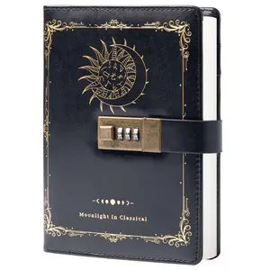 Constellation Leather Journal with Lock, Zodiac Moon Sun Diary for Writing, B6 Notebook with Lined Paper for Women & Men (Black)